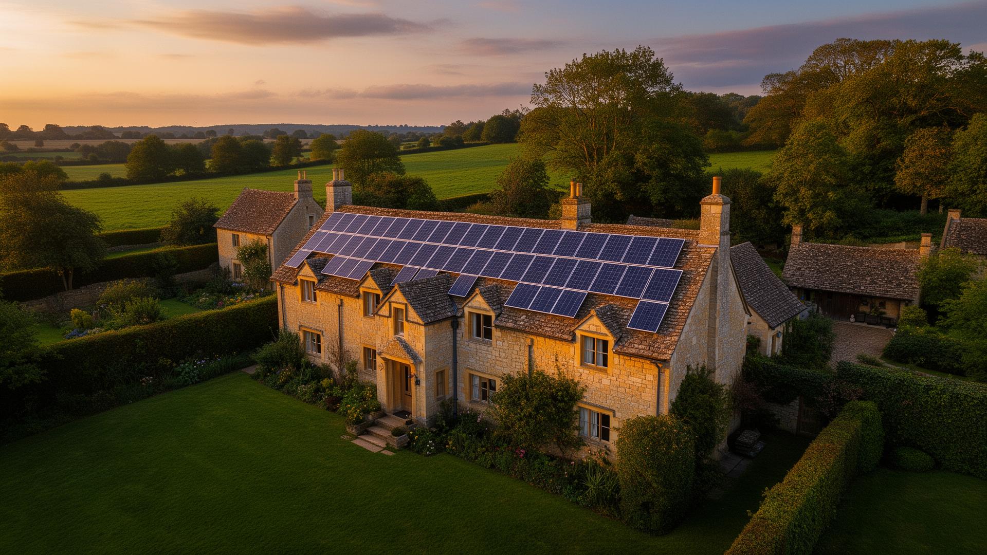 Aerial view of a UK home with rooftop solar panels at golden hour